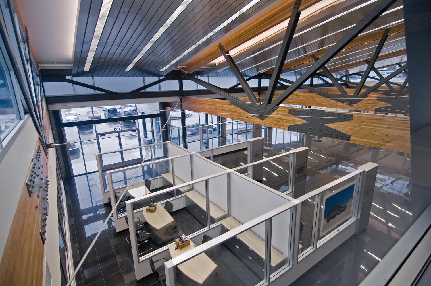 View down to Sales Floor. Commercial, Interiors,
                         Auto Showroom