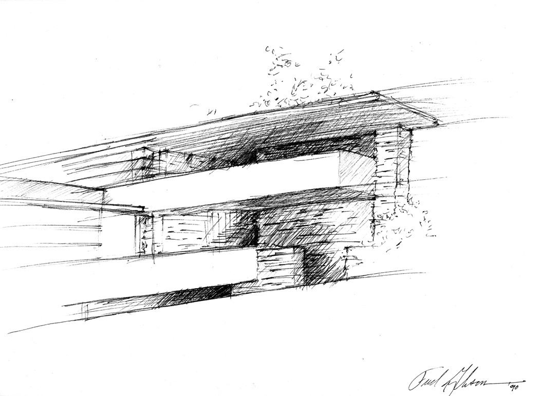 Frank Lloyd Wright's Fallingwater: Edgar J. Kaufmann, Sr., Residence, Bear Run, Pennsylvania Form Dynamics Study Detail, 1990. Pen on paper sketch by Frederick
Clifford Gibson, Architect
