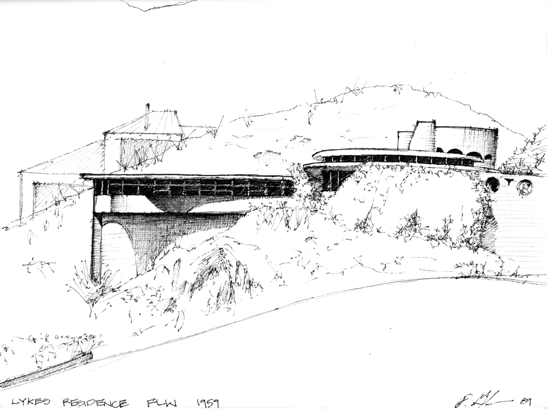 Frank Lloyd Wright's Lykes Residence, Phoenix, Arizona View from Road, 1989. Pen on paper sketch by Frederick
Clifford Gibson, Architect