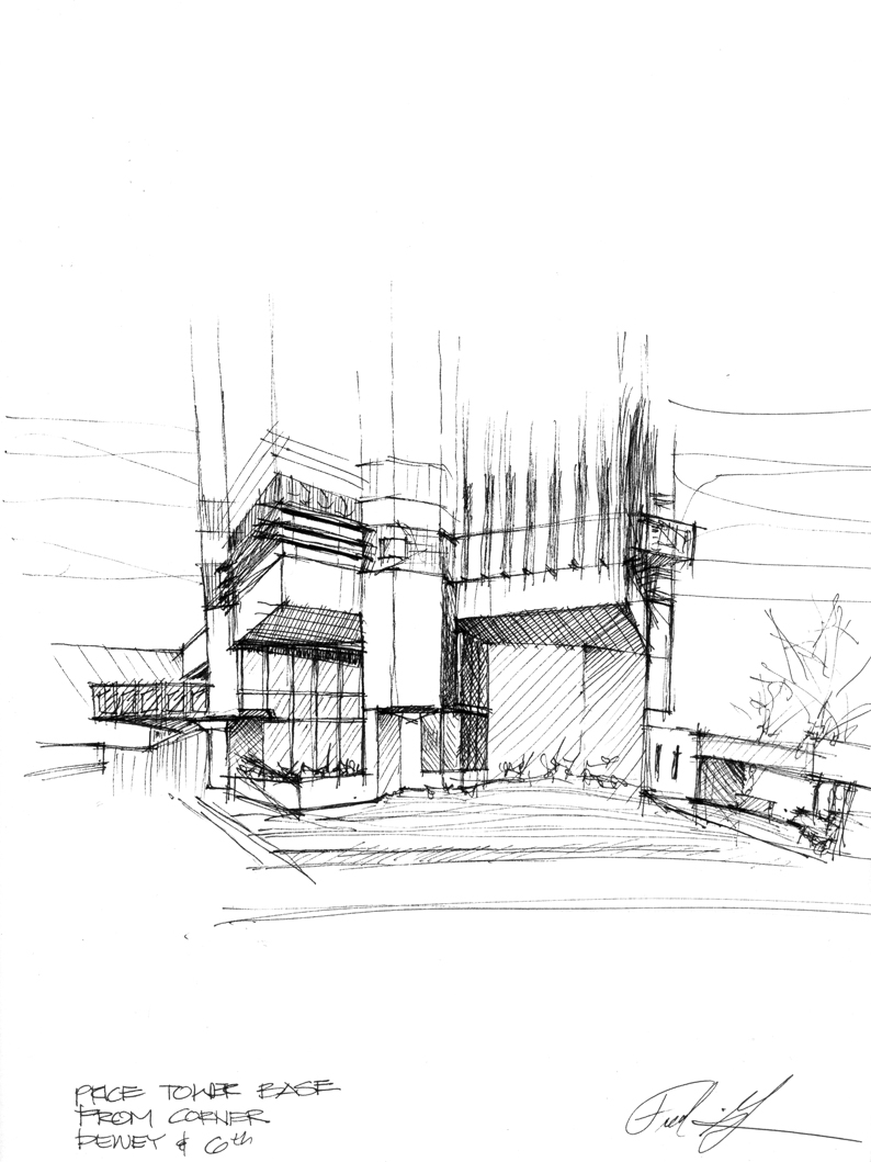 Frank Lloyd Wright's Price Tower, Bartlesville, Oklahoma Price Tower Base Study, April 25, 1989. Pen on paper sketch by Frederick
Clifford Gibson, Architect